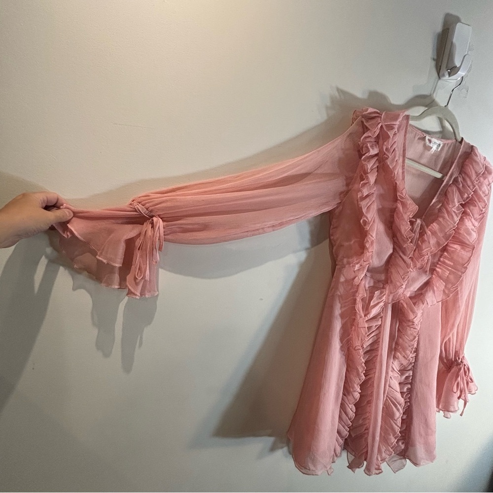 L'ATISTE Sz S Blush Pink Sheer Dress with Ruffles And Balloon Sleeves Lined Ties - Picture 5 of 12
